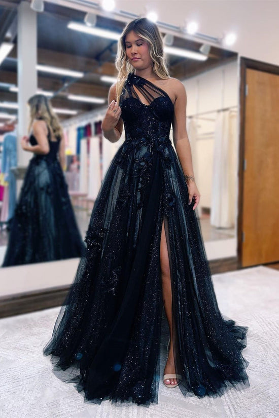 Black Evening Dress Prom Dress with Slit Sheer Straps Beadings