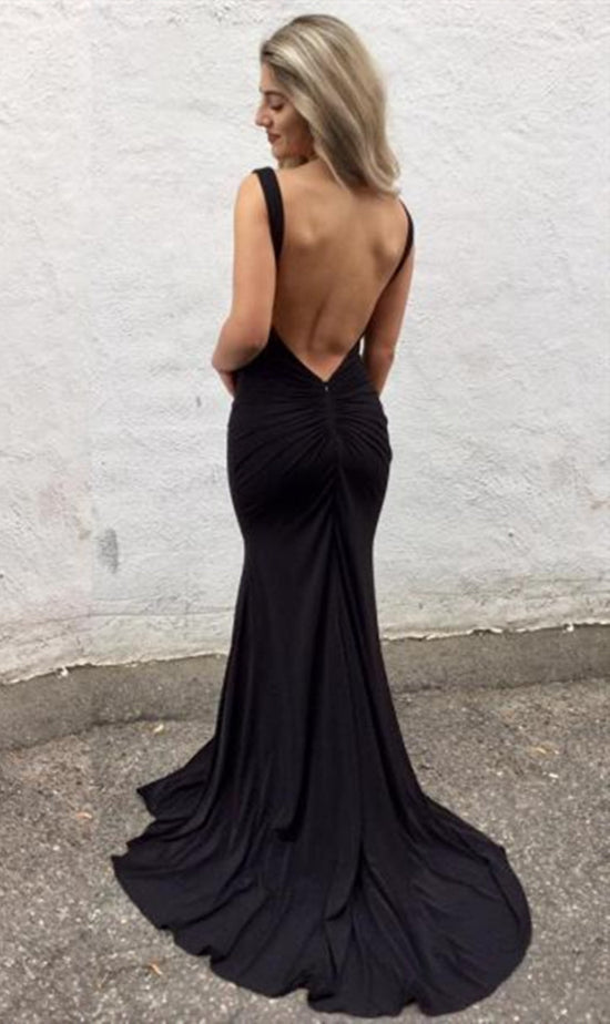 Load image into Gallery viewer, Black Mermaid V Neck Backless Long Prom Dresses with Sweep Train, Mermaid Black Formal Dresses, Evening Dresses
