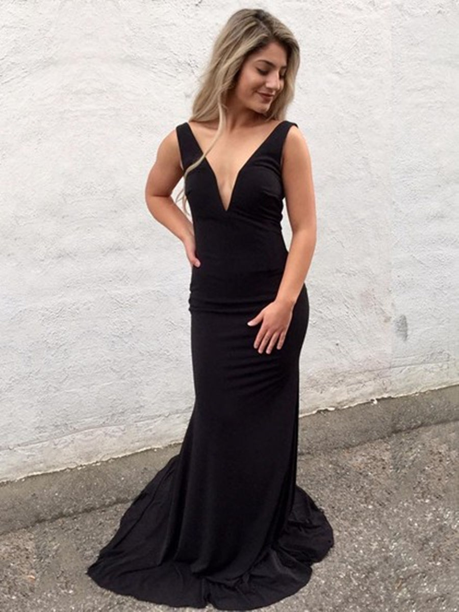 Load image into Gallery viewer, Black Mermaid V Neck Backless Long Prom Dresses with Sweep Train, Mermaid Black Formal Dresses, Evening Dresses
