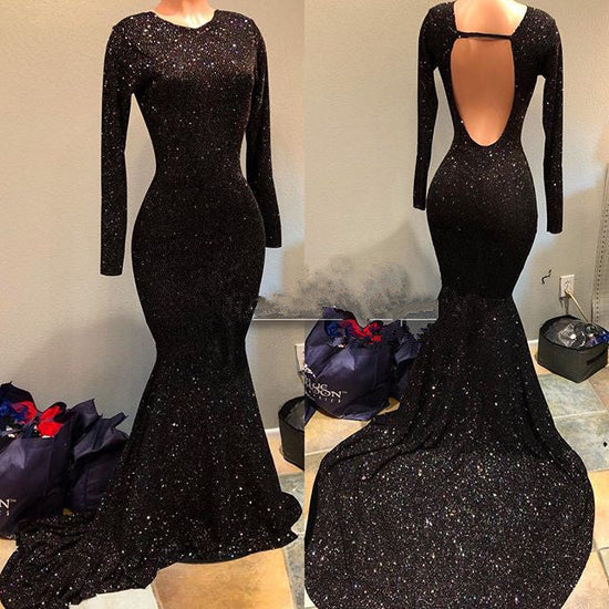 Black Sequins Prom Dress | Long Sleeve Evening Gowns On Sale BA9023