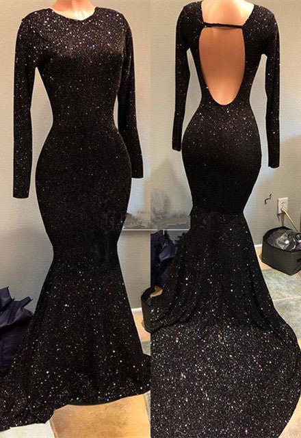 Black Sequins Prom Dress | Long Sleeve Evening Gowns On Sale BA9023