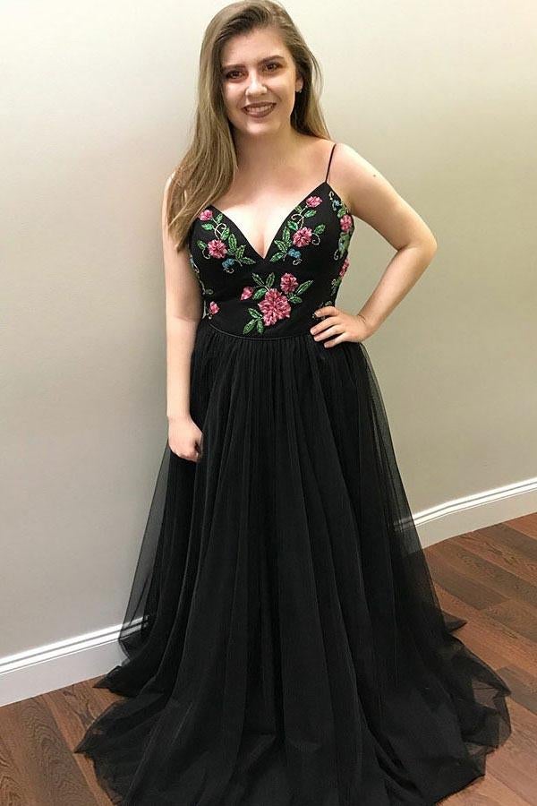 Black Spaghetti Straps Tulle Prom Dress With Beading