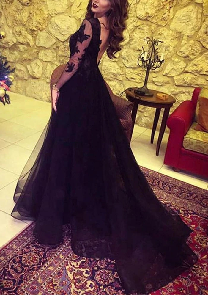 Black Tulle Lace Long Sleeve Prom Dress With Split