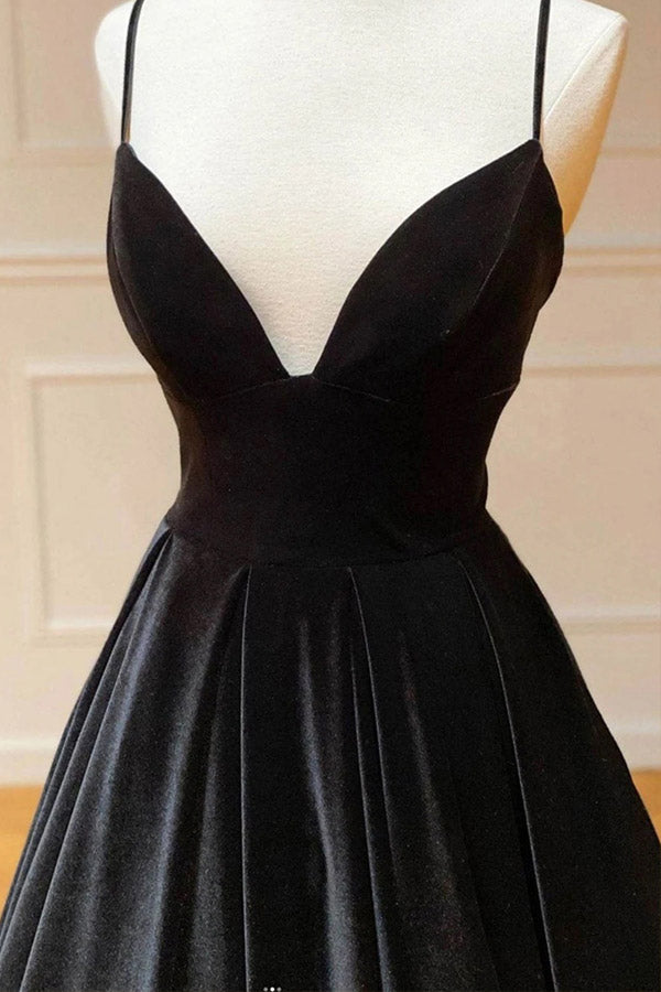 Black Velvet V Neck A Line Long Prom Dress Spaghetti Straps Long Party Dress