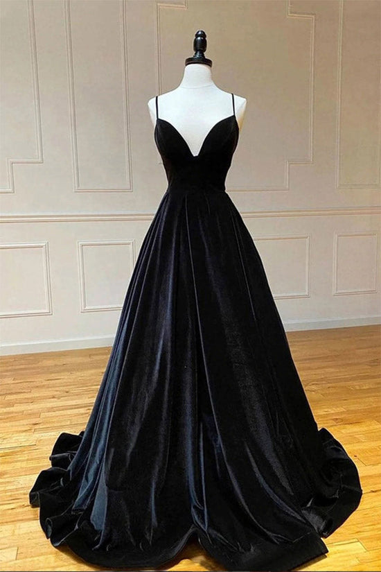 Black Velvet V Neck A Line Long Prom Dress Spaghetti Straps Long Party Dress