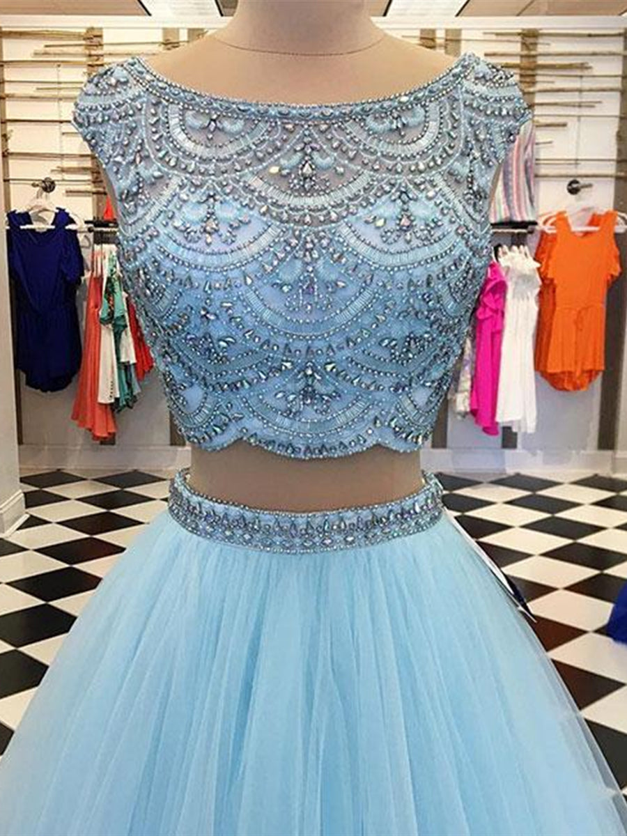 Load image into Gallery viewer, Blue A Line Round Neck Two Pieces Beading Tulle Long Prom Dresses, Two Pieces Blue Formal Dresses, Blue Evening Dresses
