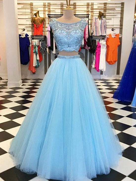 Load image into Gallery viewer, Blue A Line Round Neck Two Pieces Beading Tulle Long Prom Dresses, Two Pieces Blue Formal Dresses, Blue Evening Dresses
