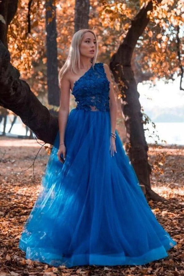 Blue Lace One Shoulder Tulle Prom Dress Long Formal Dress