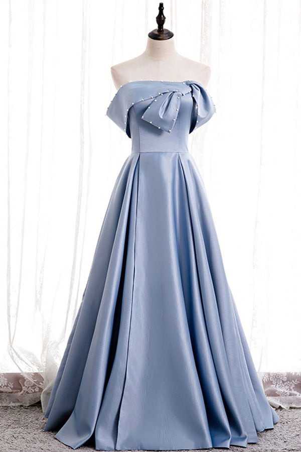 Blue Off The Shoulder Long Prom Dress With Beading