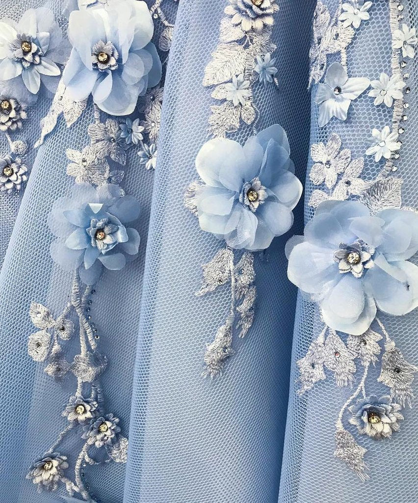 Blue Tulle Off The Shoulder 3D Floral Long Prom Dress
