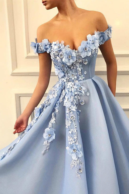 Blue Tulle Off The Shoulder 3D Floral Long Prom Dress