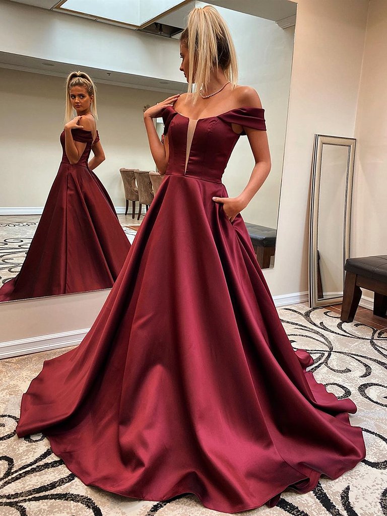 Burgundy A-line Off The Shoulder Long Prom Dress Evening Dress