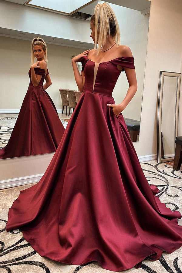 Burgundy A-line Off The Shoulder Long Prom Dress Evening Dress