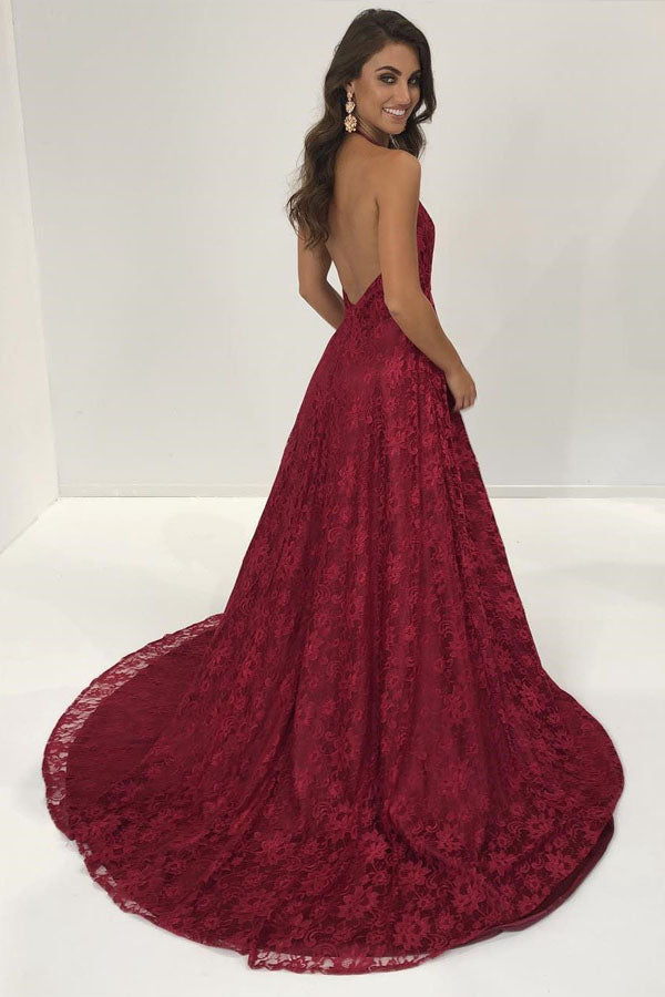 Burgundy Lace Backless Prom Dress Side Slit Evening Dress