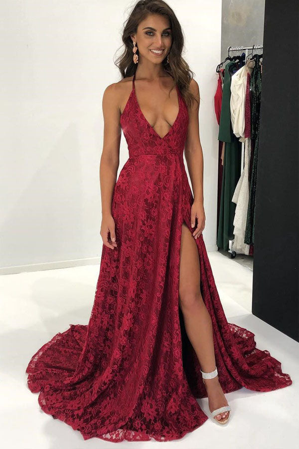 Burgundy Lace Backless Prom Dress Side Slit Evening Dress