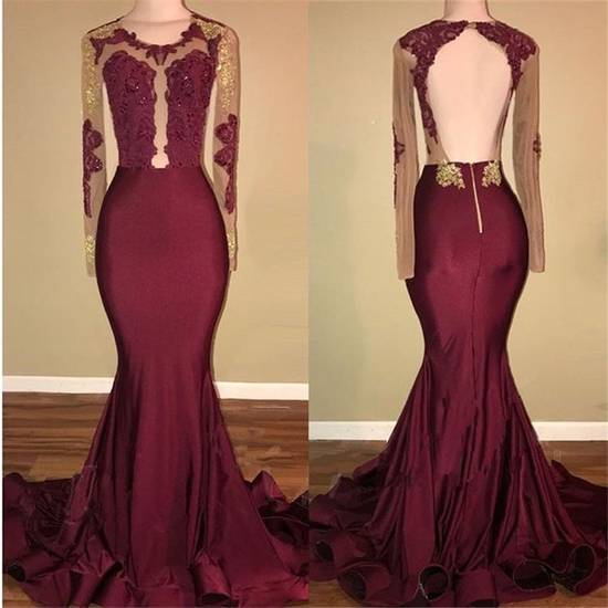 Burgundy Long-Sleeve Prom Dress | Lace Long Evening Gowns BA8439