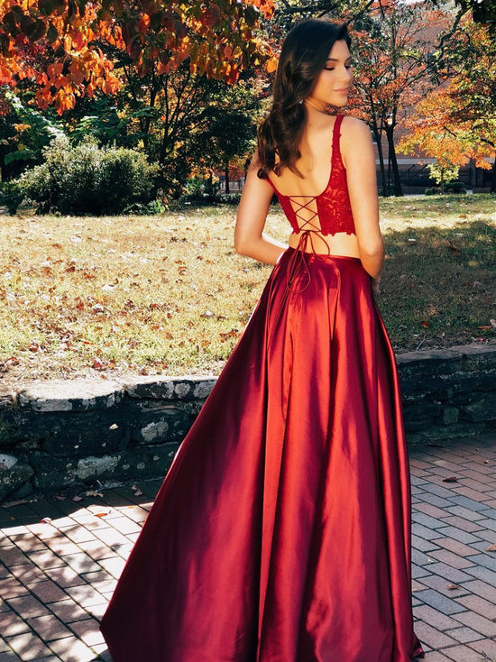 Burgundy Two Pieces Lace Satin Long Prom Dresses with High  Two Pieces Burgundy Formal Dresses, Lace Burgundy Evening Dresses 2019