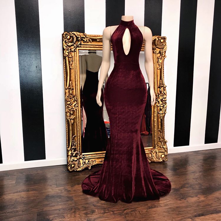 Burgundy Velvet Mermaid Prom Dresses | Long Keyhole Evening Gowns BC3473