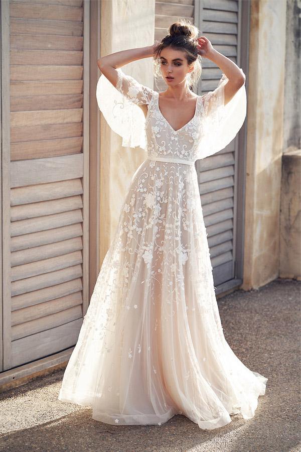 Cap Sleeve Beach Wedding Dress With Lace Appliques
