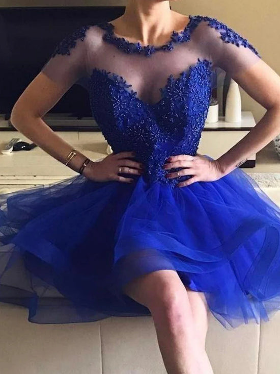 Cap Sleeves Round Neck Blue Beaded Prom Homecoming Dresses, Short Blue Formal Graduation Evening Dresses with Beadings 