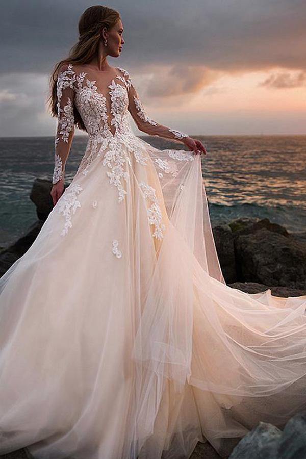 Champagne Long Sleeve Wedding Dress with Illusion Neck