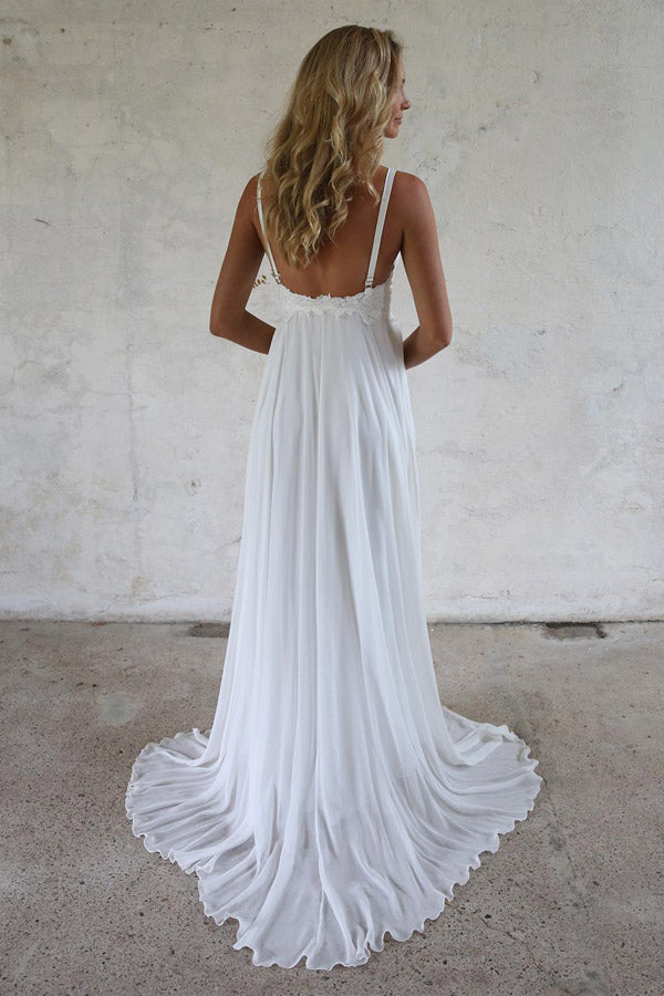 Charming Backless A-line White Chiffon Lace Wedding Dresses