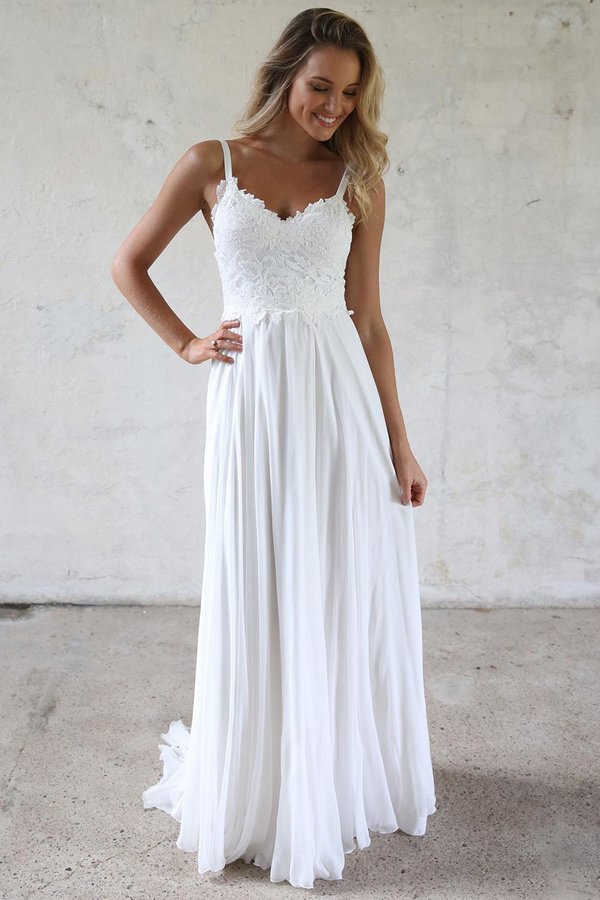 Charming Backless A-line White Chiffon Lace Wedding Dresses