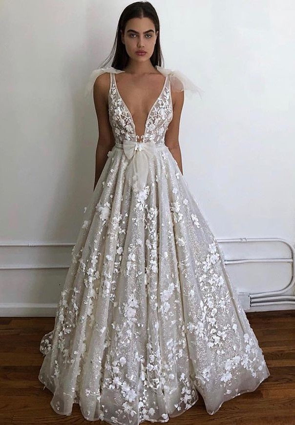 Charming Deep V Neck Sleeveless A Line Wedding Dress | Hot Sell Lace Appliques Bridal Gown With Bow BC0645
