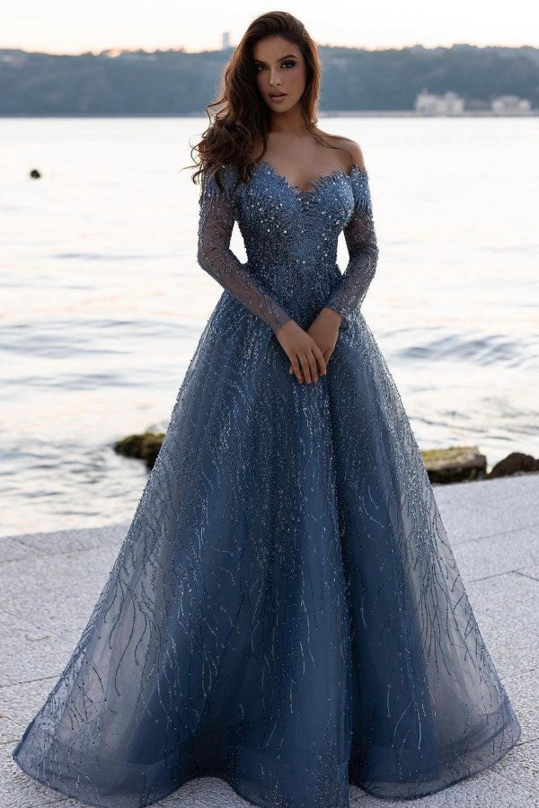 Charming Dusty Blue A-Line Long Sleeves Beaded Formal, Prom, Evening Dress