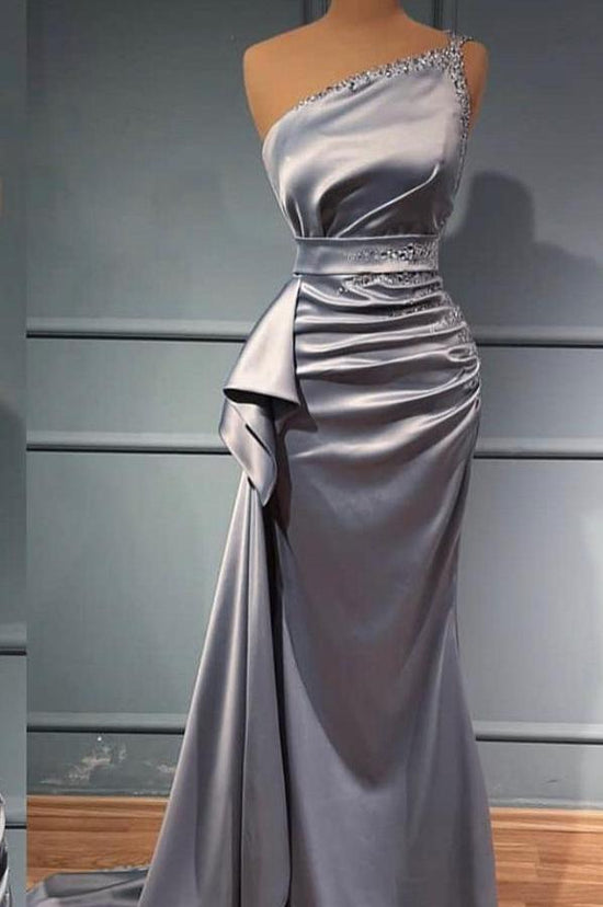 Charming Grey Asymmetrical One Shoulder Beaded Sleeveless Mermaid Prom, Formal Dress