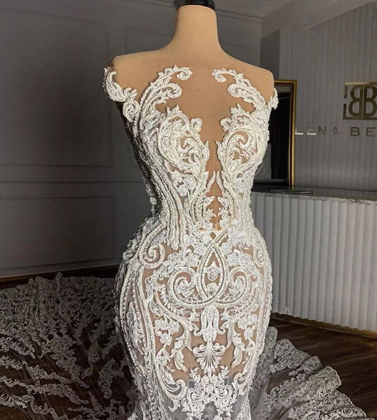 Charming Long Mermaid Jewel Tulle Lace Backless Bridal Wedding Dress