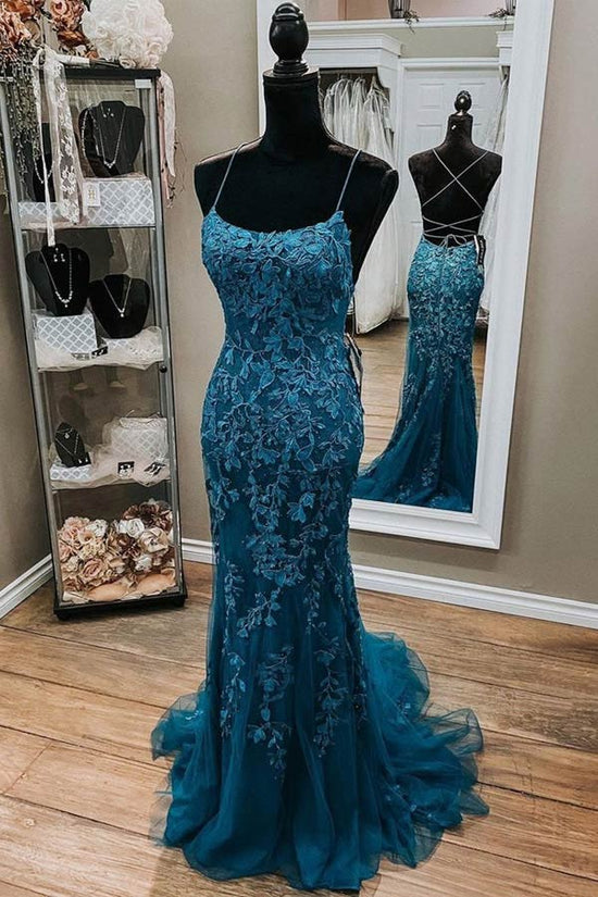 Charming Mermaid Spaghetti Straps Tulle Long Prom Dress With Lace Appliques