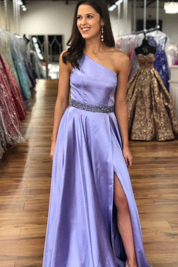 Charming One Shoulder Satin Prom Dress With Beading Belt