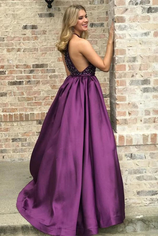 Charming Purple Satin Long Prom Dress With Rhinestones