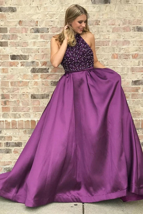 Charming Purple Satin Long Prom Dress With Rhinestones