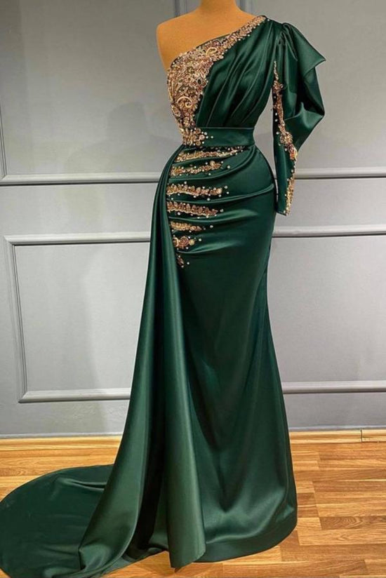 Charming Satin Mermaid Evening Dress with Gold Lace Appliques Pearls