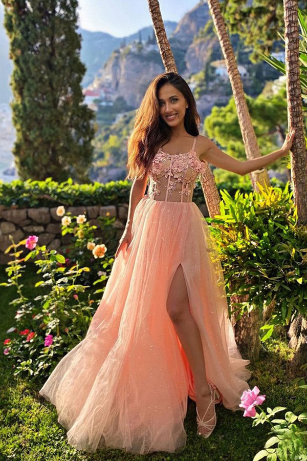 Charming See Through Floral Prom Dress Split Tulle Prom Gown