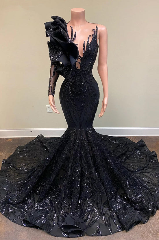 Chic Black Asymmetric Mermaid Long Formal Prom Dress