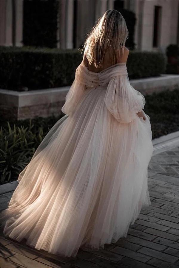 Chic Flowy Long Sleeve Ivory Wedding Dress Strapless Bridal Dress