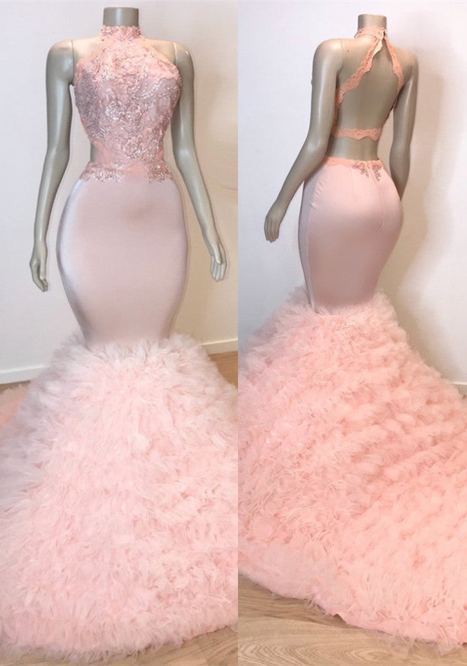 Chic Halter Pink Mermaid Prom Dresses | Lace Tulle Evening Gowns BC0983