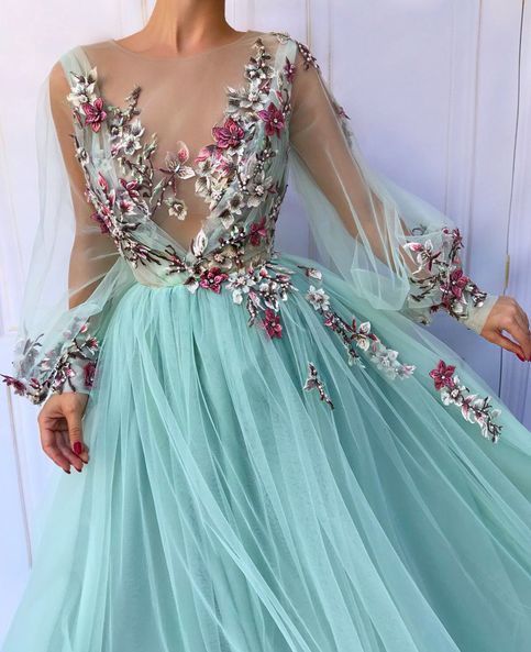 Chic Long Sleeve Illusion Neck Prom Dress With Appliques