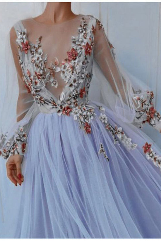 Chic Long Sleeve Illusion Neck Prom Dress With Appliques