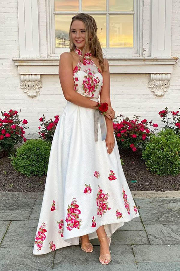 Colorful Embroidery Two Piece Halter Long Prom Dress High Low Evening Dress