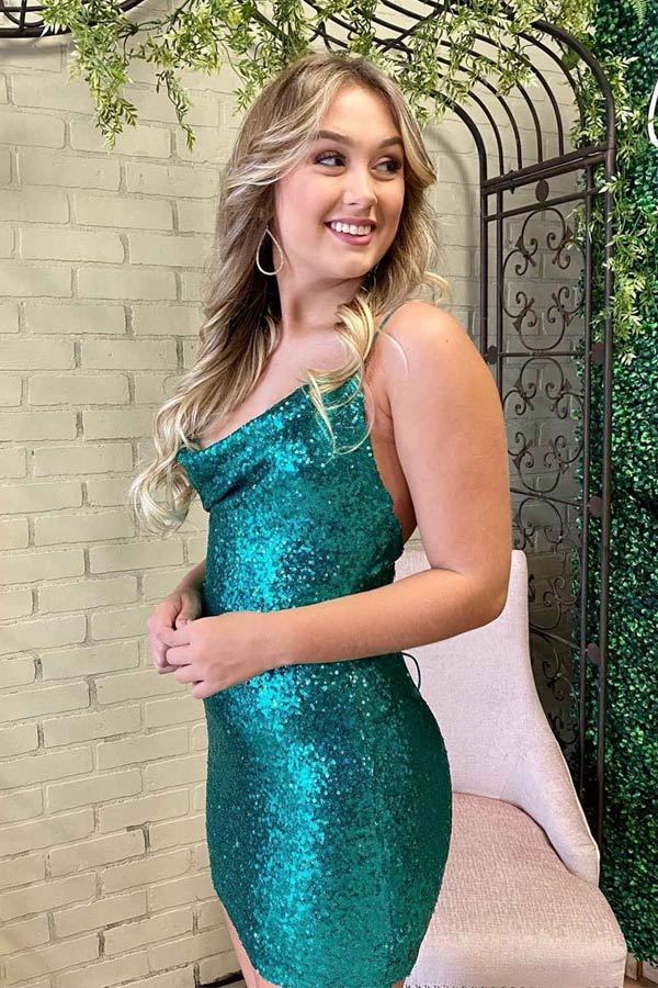 Cowl Neck Emerald Green Tie Back Tight Homecoming Dress