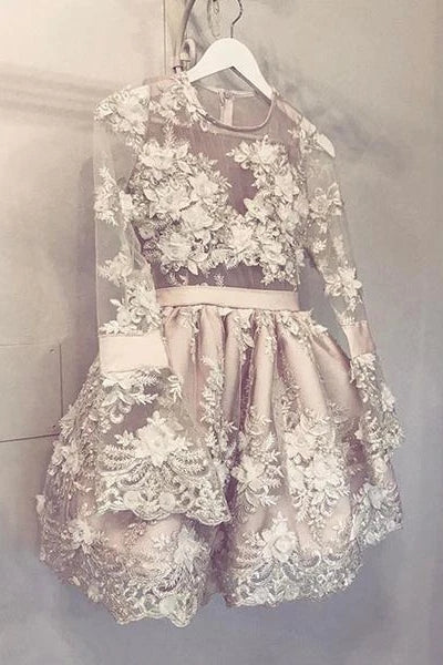 Cute Long Sleeve Homecoming Dress Lace Floral Short Prom Dress