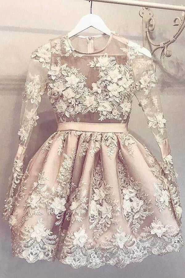 Cute Long Sleeve Homecoming Dress Lace Floral Short Prom Dress