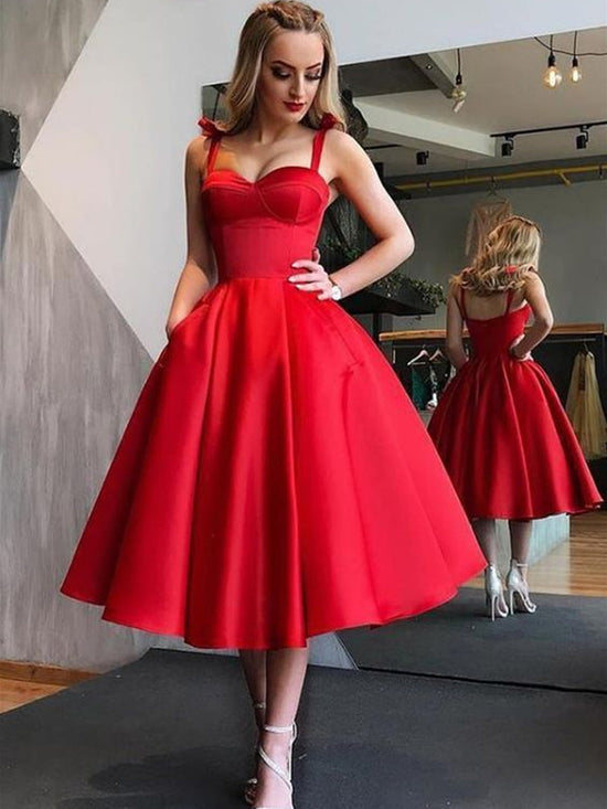 Cute Red tti Straps Backless Stain Pleated Homecoming Dresses with Pocket, Red Tea Length Prom Dresses, Formal Dresses