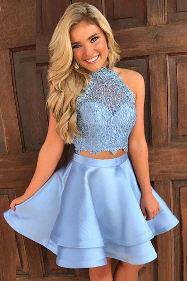 Cute Two Piece Short Homecoming Dress With Lace Top