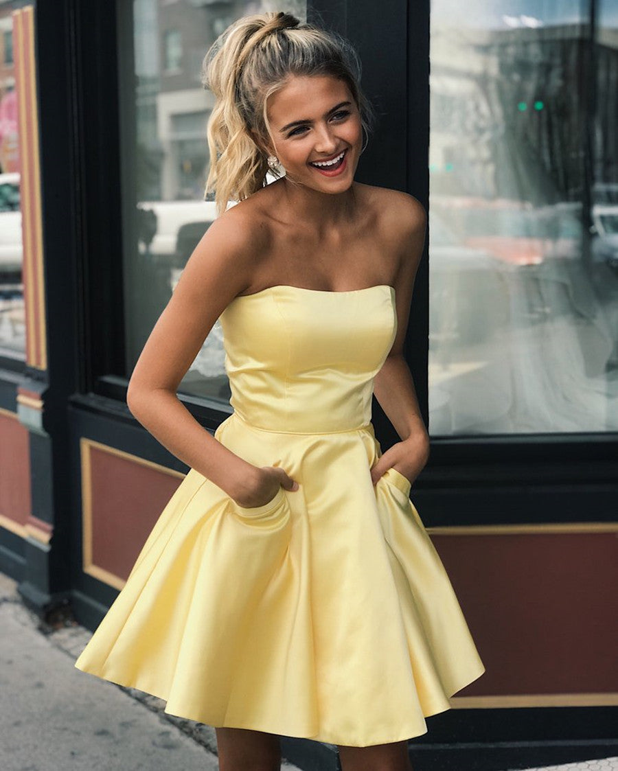 Cute Yellow Satin Short Prom Dresses with Pockets, Yellow Homecoming Dresses, Graduation Dresses, Simple Evening Dresses