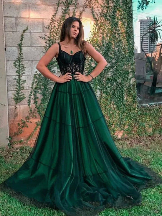 Dark Green Lace Tulle Long Prom Dresses, Dark Green Formal Graduation Evening Dresses with Lace Appliques 